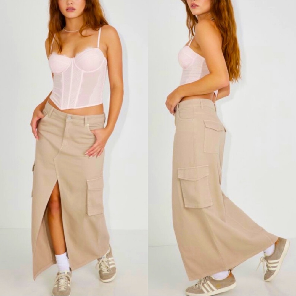 Garage NWT Cargo Midi Skirt beige cotton pockets size XS